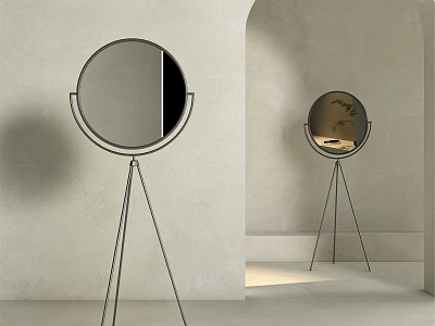 Round Floor Mirror With Tripod Metal Stand In Minimalist Interior Design 3d model
