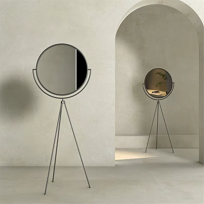 Round Floor Mirror With Tripod Metal Stand In Minimalist Interior Design 3d model