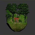3D Landscape Model With Green Hillside Trees Red Torii Gate Small Pond And Stone Path 3d model
