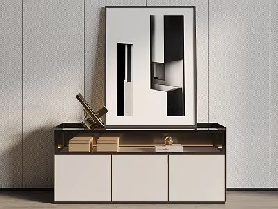 Modern Entryway Cabinet Sideboard With White Doors Black Top And Geometric Art Decor 3d model