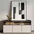 Modern Entryway Cabinet Sideboard With White Doors Black Top And Geometric Art Decor