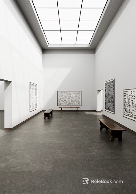 Spacious White Gallery Interior Featuring Large Black White Abstract Paintings Wooden Benches Dark Stone Floor 3d model 