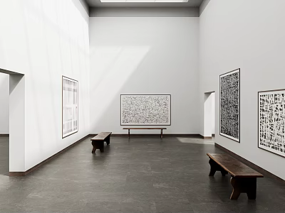 Spacious White Gallery Interior Featuring Large Black White Abstract Paintings Wooden Benches Dark Stone Floor 3d model