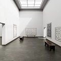 Spacious White Gallery Interior Featuring Large Black White Abstract Paintings Wooden Benches Dark Stone Floor