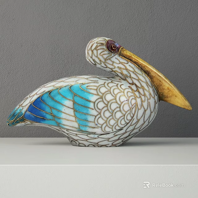 Pelican Shaped Decorative Ornament Set With White Blue Gold Enamel Inlay And Cloud Pattern 3d model 