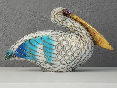 Pelican Shaped Decorative Ornament Set With White Blue Gold Enamel Inlay And Cloud Pattern 3d model