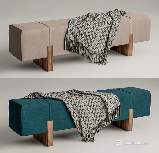 Upholstered Bench With Beige Teal Fabric Wooden Legs And Patterned Blanket 3d model 