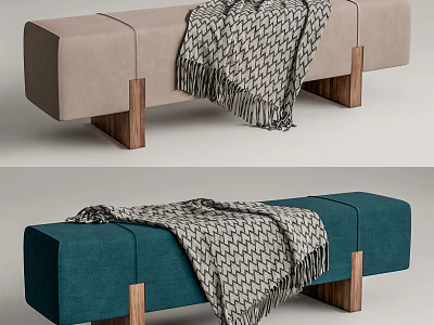 Upholstered Bench With Beige Teal Fabric Wooden Legs And Patterned Blanket 3d model
