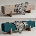 Upholstered Bench With Beige Teal Fabric Wooden Legs And Patterned Blanket