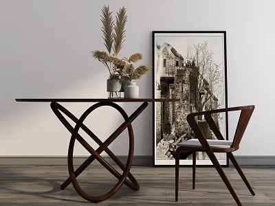 Modern Wooden Table Chair Set With Cross Leg Design And Decorative Dried Plants 3d model