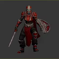 Man wearing red armor holding sword and shield in battle stance with dynamic pose