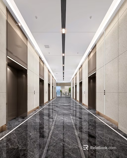 Modern Elevator Hallway With Marble Floor Sleek Walls And Ceiling Lights 3d model