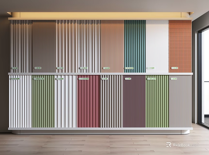 Colorful Vertical Slats Wall with Diverse Hues in Modern Interior 3d model 