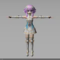 Anime Character Pink Hair Purple Eyes Blue White Dress White Gold Accents Standing Arms Outstretched