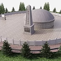Aerial View Of Circular Building Surrounded By Lush Trees Path Farmland And Distant Houses