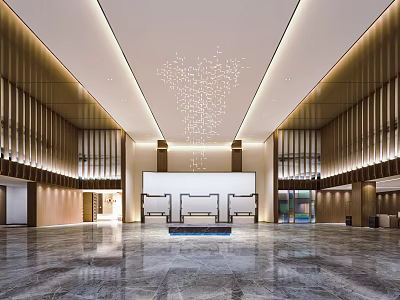Hotel Lobby Modern Interior Design With Spacious Marble Floor And Ceiling Light Fixture 3d model