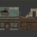 Weathered Abandoned Tailor Shop Model Scene Featuring Blue Green Brown Structure And Broken Roof