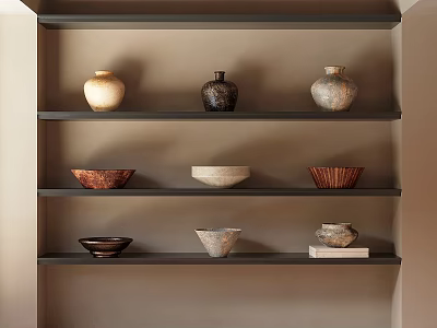 Ceramic Vessels Display on Black Shelves with Various Shapes and Colors Against Light Brown Wall 3d model
