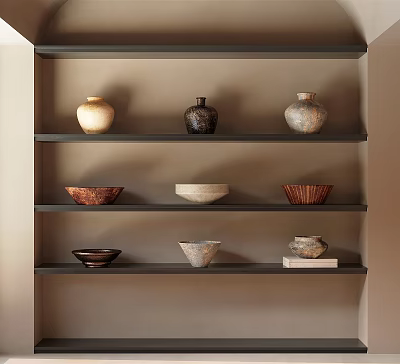 Ceramic Vessels Display on Black Shelves with Various Shapes and Colors Against Light Brown Wall 3d model