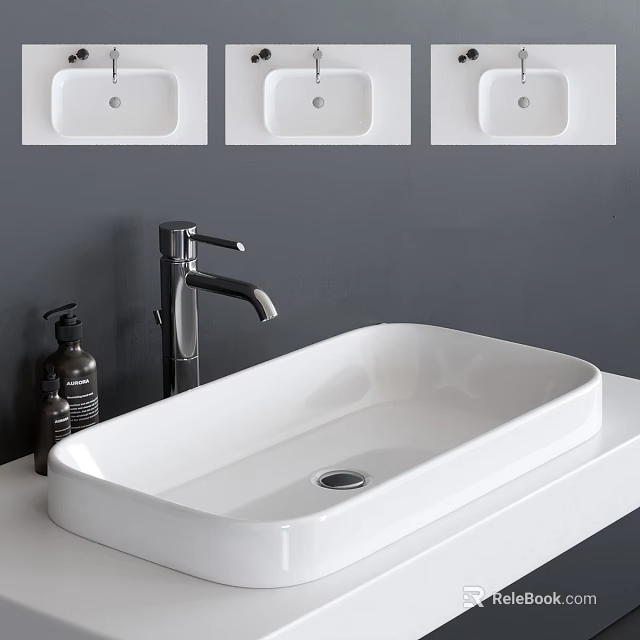 White Ceramic Countertop Washbasin With Modern Faucet And Soap Dispenser On Gray Wall Background 3d model 