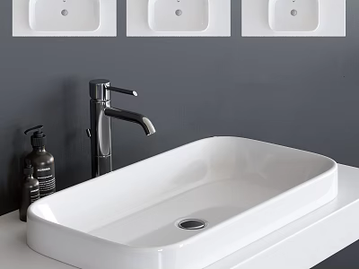 White Ceramic Countertop Washbasin With Modern Faucet And Soap Dispenser On Gray Wall Background 3d model