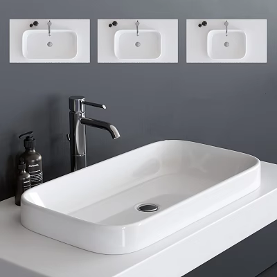 White Ceramic Countertop Washbasin With Modern Faucet And Soap Dispenser On Gray Wall Background 3d model
