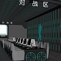 High Tech Cybercafe Battle Zone with Neon Lighting and Row of Gaming Chair Setups