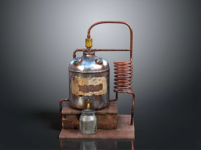 Vintage Distillation Apparatus With Metal Container Copper Coil Brick Base And Small Metal Can 3d model