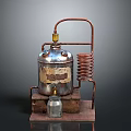 Vintage Distillation Apparatus With Metal Container Copper Coil Brick Base And Small Metal Can