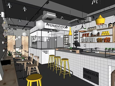 Experimental Bubble Tea Shop With Open Counter Yellow Stools White Tiled Walls And Hanging Lights 3d model