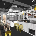 Experimental Bubble Tea Shop With Open Counter Yellow Stools White Tiled Walls And Hanging Lights