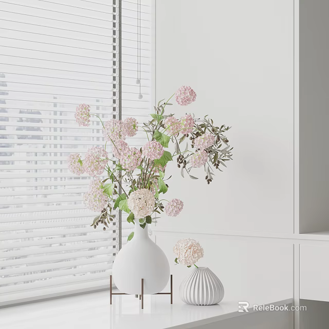 White Vase With Fresh Pink Flowers And White Blinds In Minimalist Indoor Home Decoration 3d model 
