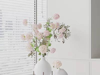 White Vase With Fresh Pink Flowers And White Blinds In Minimalist Indoor Home Decoration 3d model