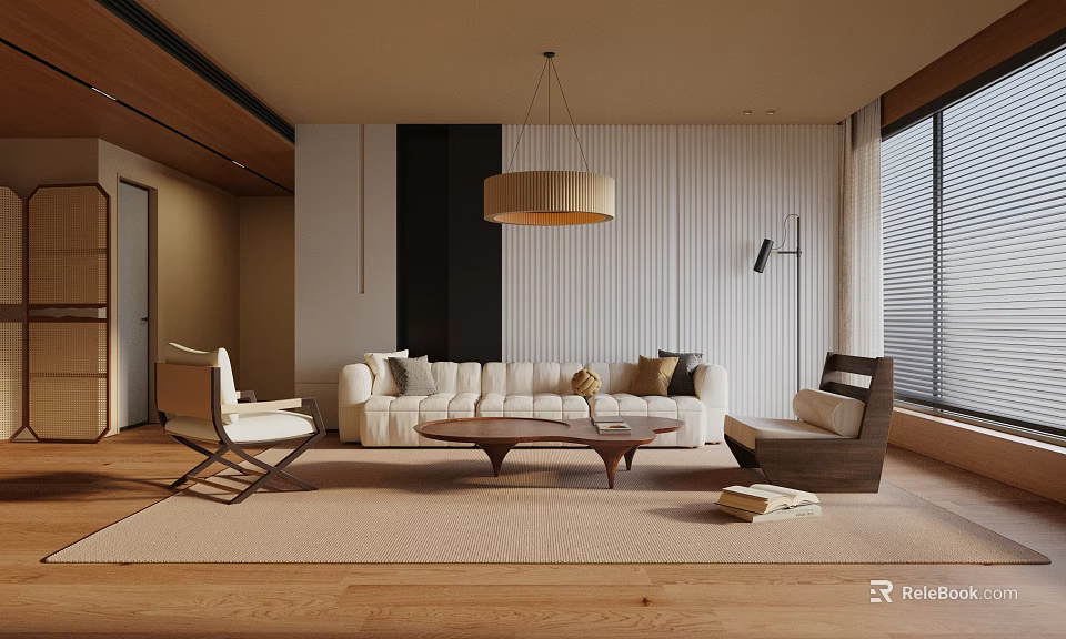 Modern Living Room Interior With Beige Sofa Wooden Coffee Table Accent Chairs And Pendant Light 3d model 