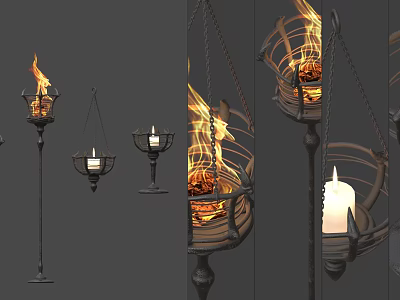 Wrought Iron Hanging Chandeliers With Torch Flame And Candle Light Designs 3d model