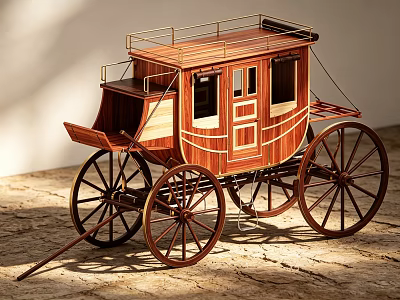 Wooden Carriage Model with Wheels Windows and Roof Displayed on Ground Surface 3d model