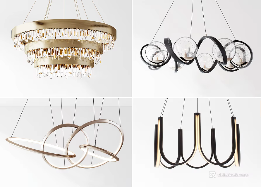 Modern Chandelier Designs With Crystal Multi Layered Curved Ring And Linear Black Gold Metal Styles 3d model 