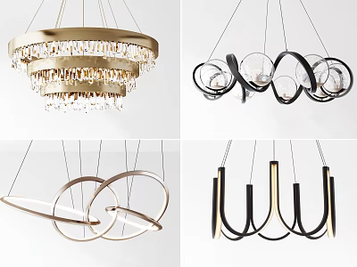 Modern Chandelier Designs With Crystal Multi Layered Curved Ring And Linear Black Gold Metal Styles 3d model