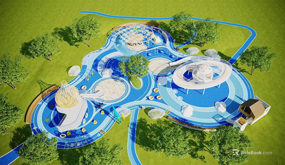Blue Themed Playground Design With Spiral Structures Circular Platforms Green Lawns And Trees 3d model 