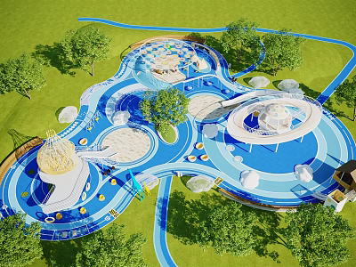 Blue Themed Playground Design With Spiral Structures Circular Platforms Green Lawns And Trees 3d model