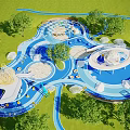 Blue Themed Playground Design With Spiral Structures Circular Platforms Green Lawns And Trees