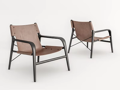Stylish Brown Leather Leisure Chairs With Black Metal Frame Modern Minimalist Design 3d model
