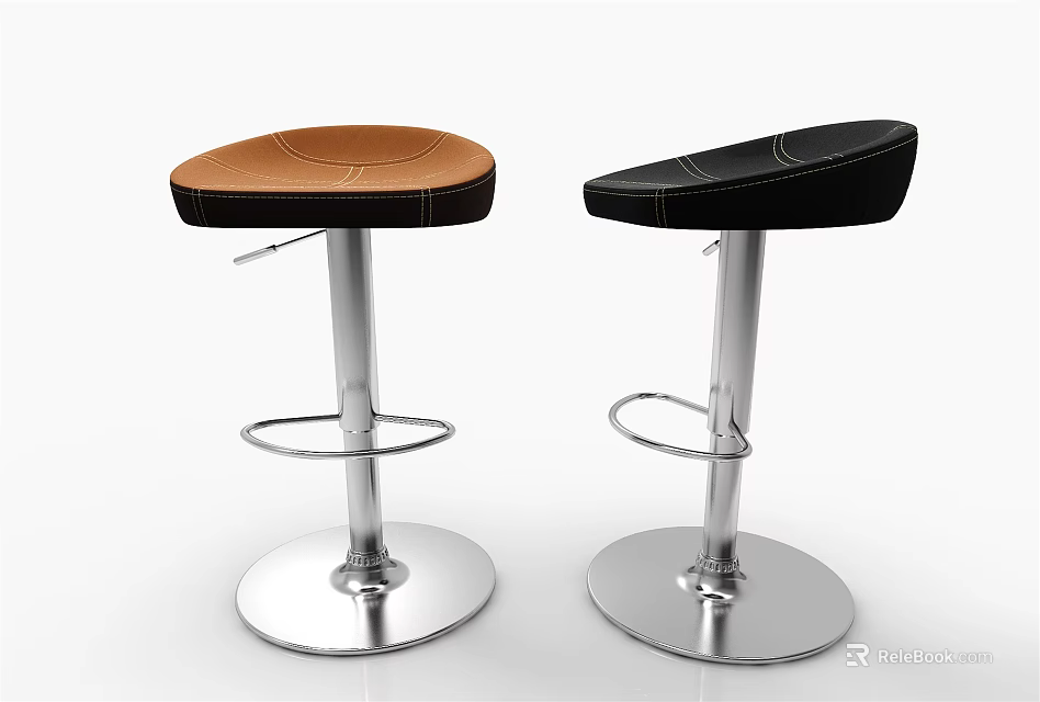 Brown And Black Leather Bar Stools With Stitched Design Chrome Metal Base And Footrest Ring 3d model 