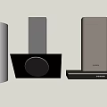 Three Modern Wall Mounted Kitchen Appliances With Black Dark Brown And Silver Range Hoods