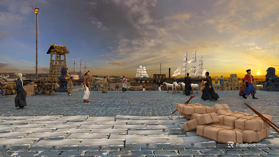 Ancient Architecture Scene With Cobblestone Road People Sailing Ships Packages And Golden Sunset Sky 3d model 