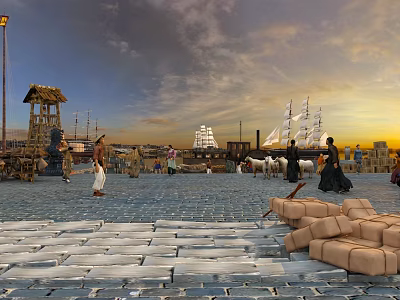 Ancient Architecture Scene With Cobblestone Road People Sailing Ships Packages And Golden Sunset Sky 3d model