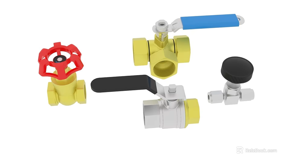 Different Types of Pipe Valves With Red Blue Black Handles And Brass Silver Fittings 3d model 