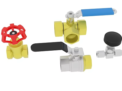 Different Types of Pipe Valves With Red Blue Black Handles And Brass Silver Fittings 3d model