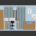 Cartoon Room Scene With Blue Walls Bookshelf Computer Bed Rug Curtains And Wall Art