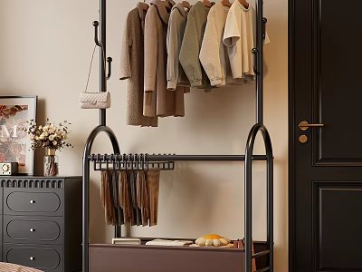 Modern Black Metal Clothes Rack Design With Hanging Sweaters Shirts And Handbag For Home Bedroom 3d model